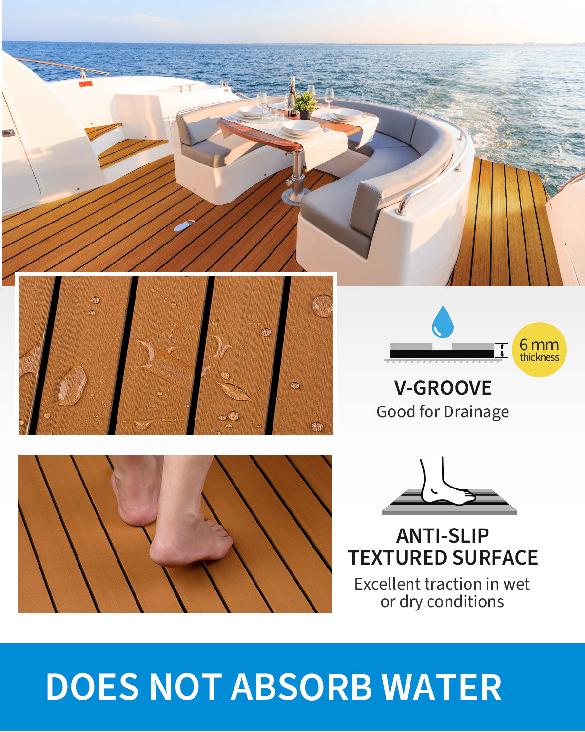 OCEANBROAD Boat Flooring EVA Foam Self-Adhesive 96''x28.8'' Faux Teak Marine Boat Decking Sheet for Jon Boats Yacht Floor
