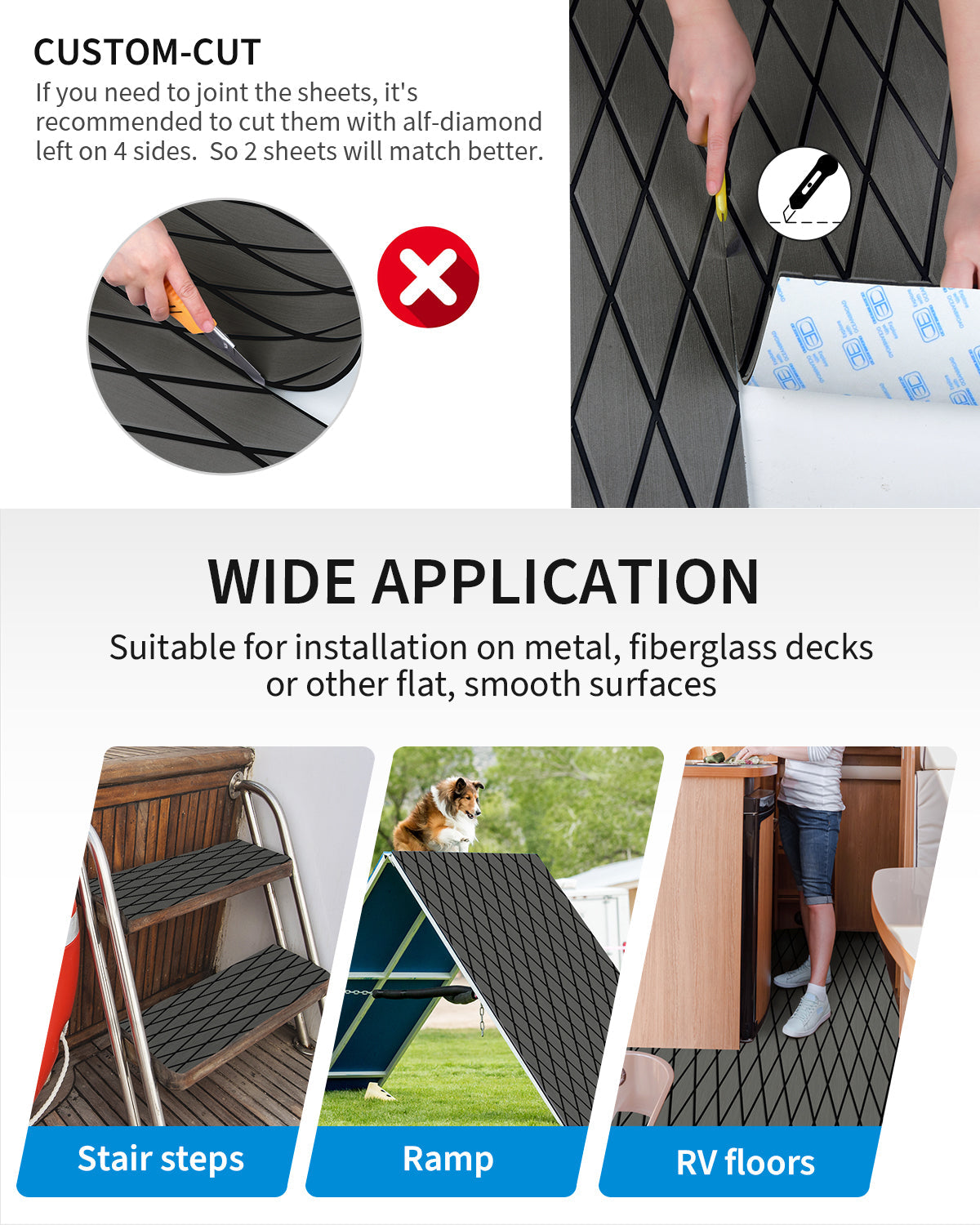 OCEANBROAD Self-Adhesive 96''x25'' Diamond Pattern Boat Flooring EVA Foam Marine Boat Decking Sheet Non-Slip Mat for Jon Motor Boats Yacht Helm Pad RV Floor, Dark Gray with Black Seam Lines