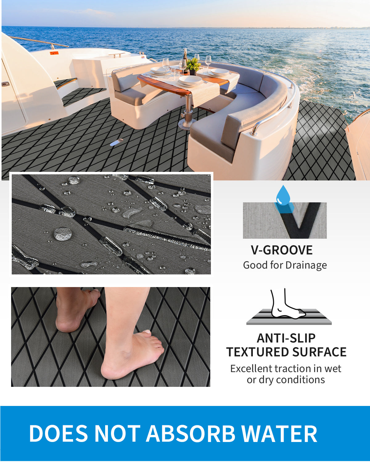 OCEANBROAD Self-Adhesive 96''x25'' Diamond Pattern Boat Flooring EVA Foam Marine Boat Decking Sheet Non-Slip Mat for Jon Motor Boats Yacht Helm Pad RV Floor, Dark Gray with Black Seam Lines