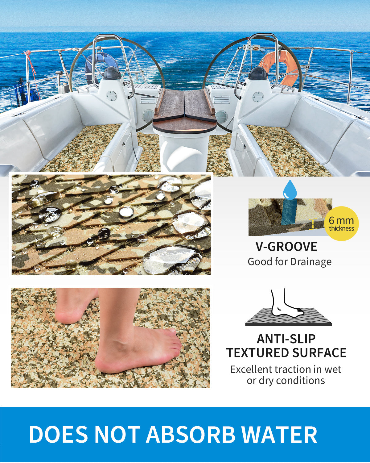 OCEANBROAD Self-Adhesive 48''x16'' Camouflage Boat Flooring Non-Slip Traction Pad EVA Foam Sheet Marine Grip Mat for Boats Surfboard SUP Paddle Board Kayak Yacht, Camo Desert