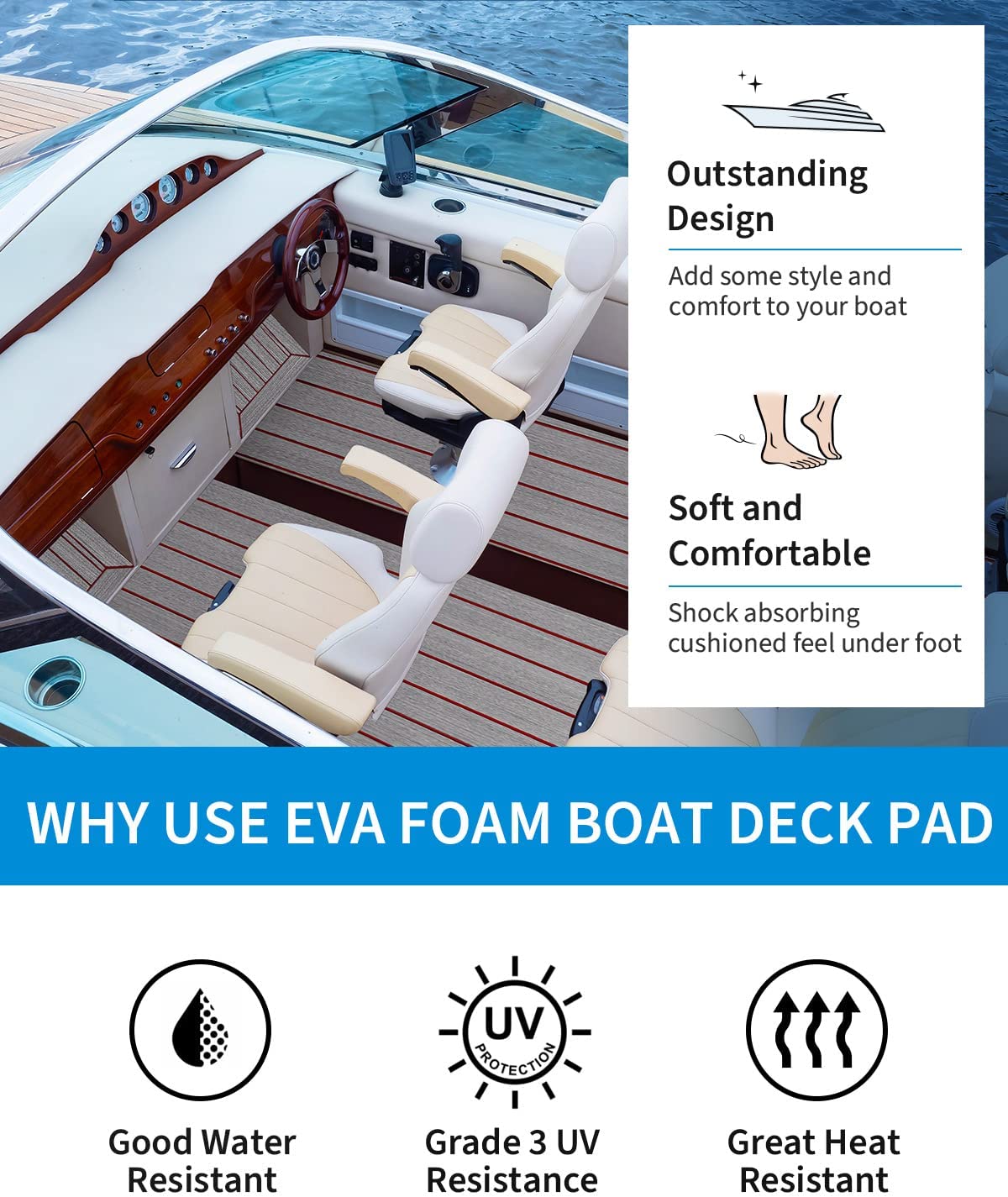 OCEANBROAD 3M Self - Adhesive EVA Foam Boat Flooring 96'' x 2.4'', Gray with Red Seam Lines - OceanBroad Official