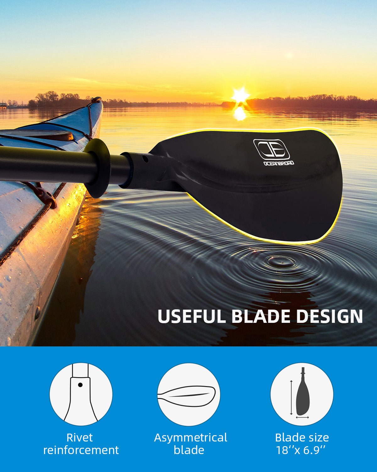 OCEANBROAD Adjustable Kayak Paddle - 86in/220cm to 94in/240cm Aluminum Alloy Shaft, Black - OceanBroad Official