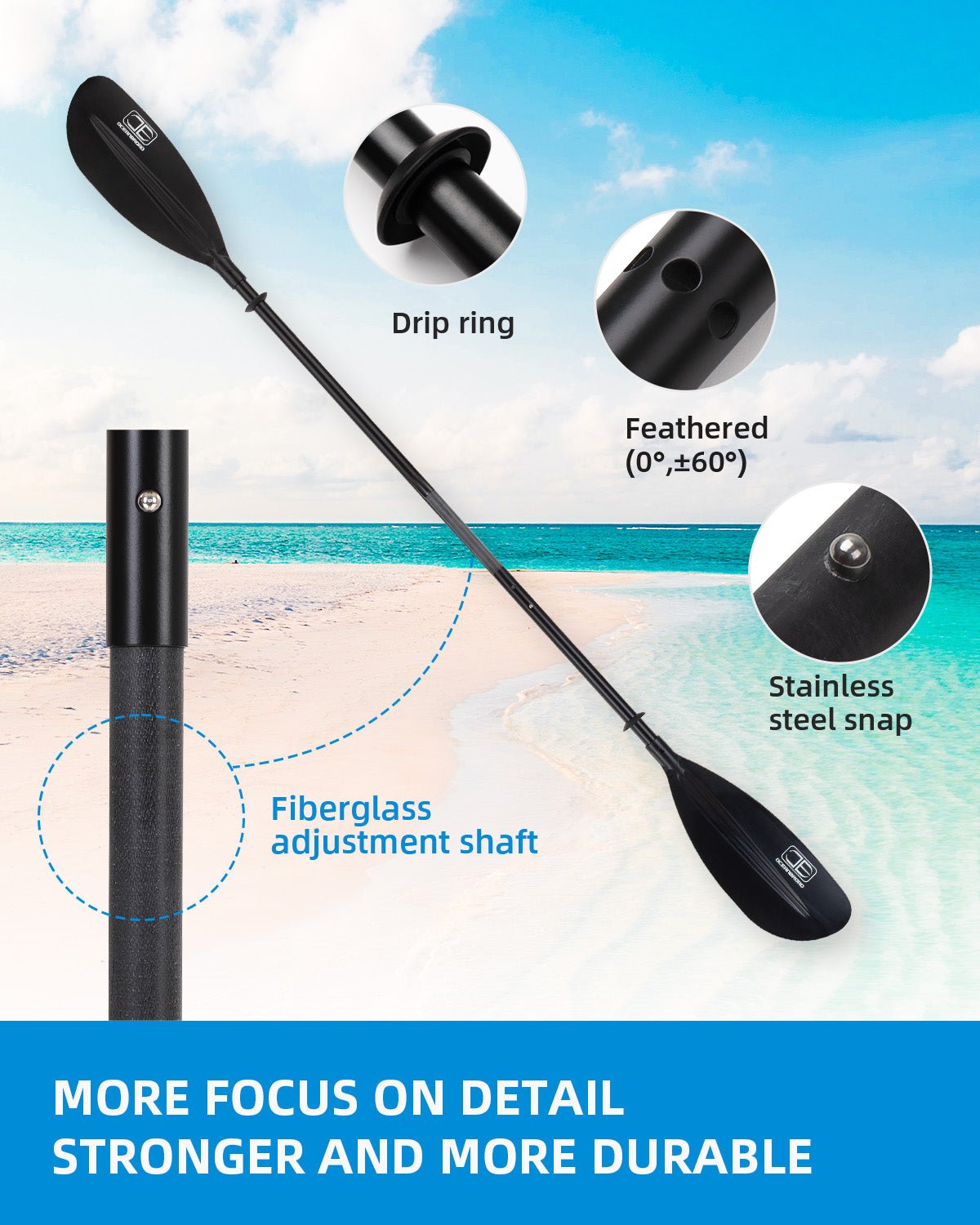 OCEANBROAD Adjustable Kayak Paddle - 86in/220cm to 94in/240cm Aluminum Alloy Shaft, Black - OceanBroad Official