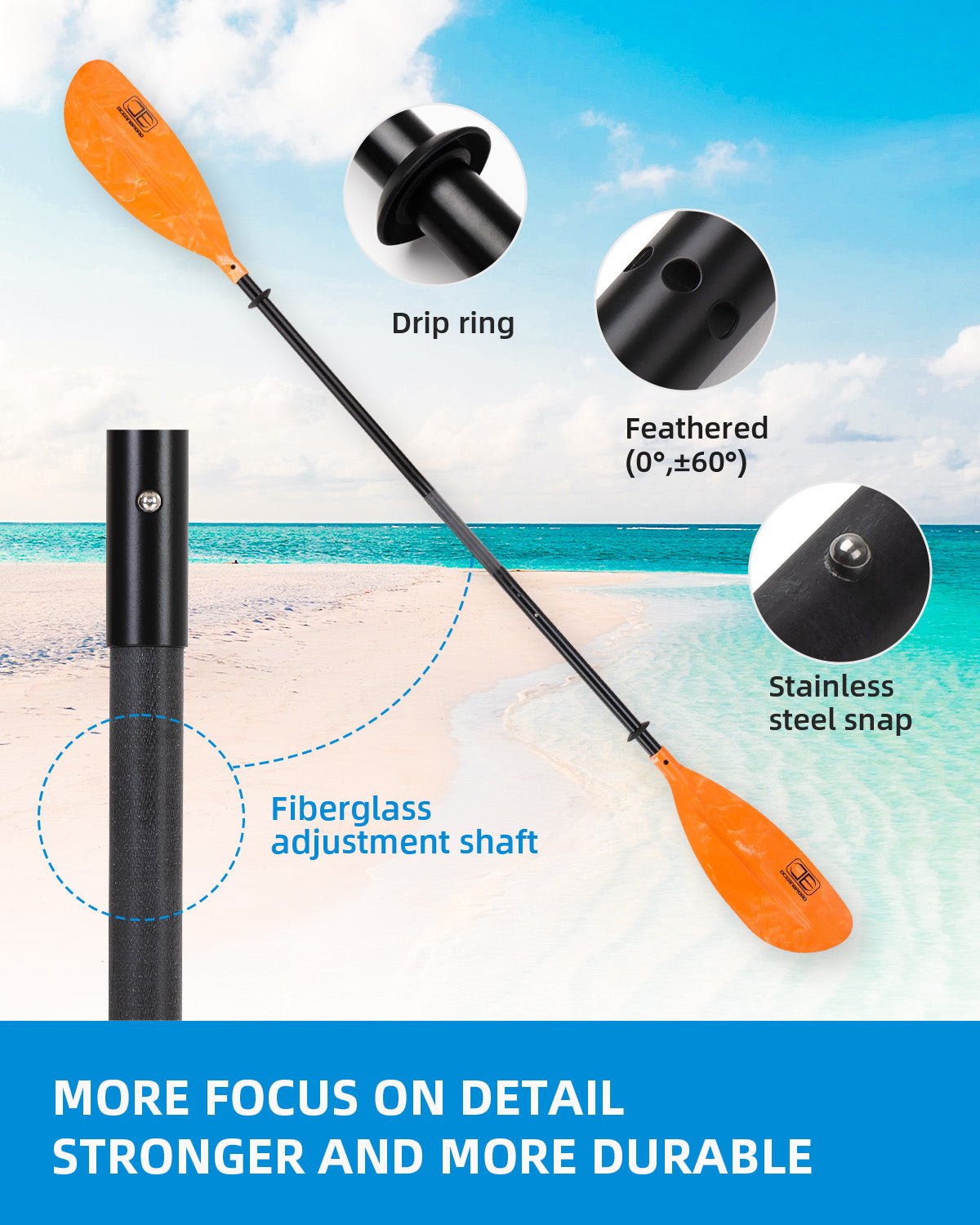 OCEANBROAD Adjustable Kayak Paddle - 86in/220cm to 94in/240cm Aluminum Alloy Shaft, Orange - OceanBroad Official
