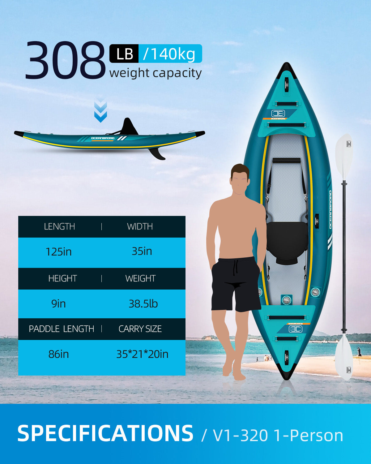 OCEANBROAD INFLATABLE KAYAK 1-Person, Blue