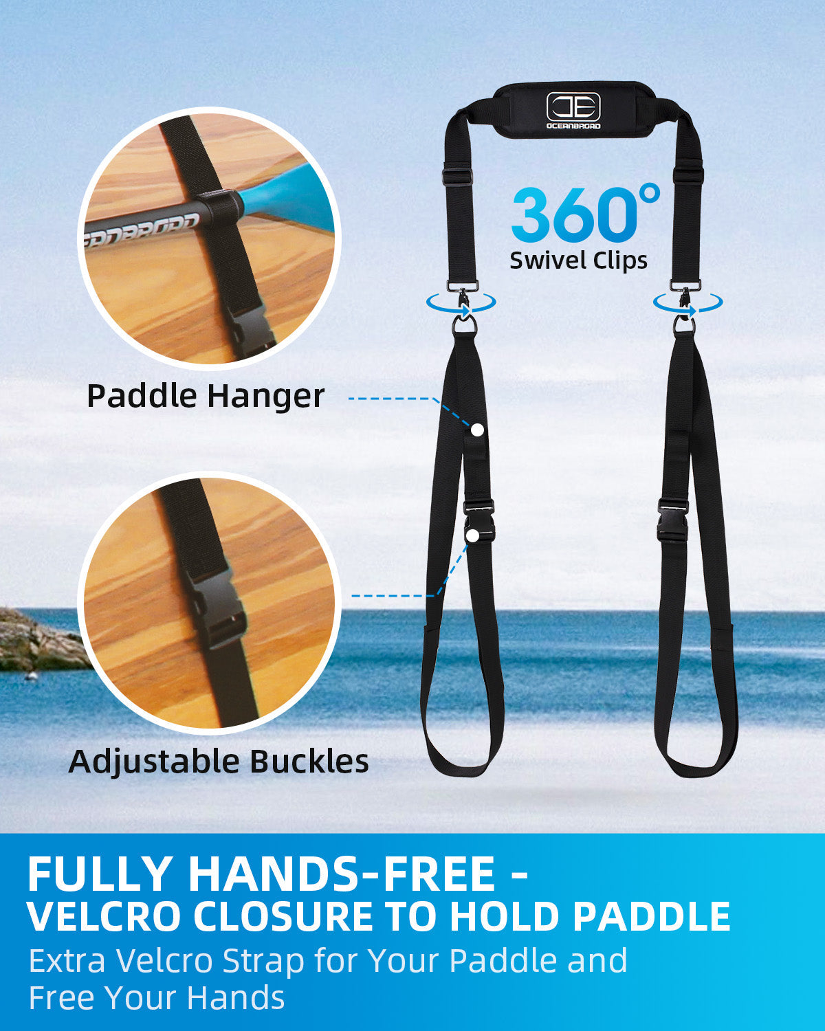 OCEANBROAD SUP Kayak Carry Strap, Adjustable Shoulder Strap with Clips, New