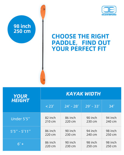 OCEANBROAD Fishing Kayak Paddle -98in / 250cm Aluminum Alloy Shaft, Orange