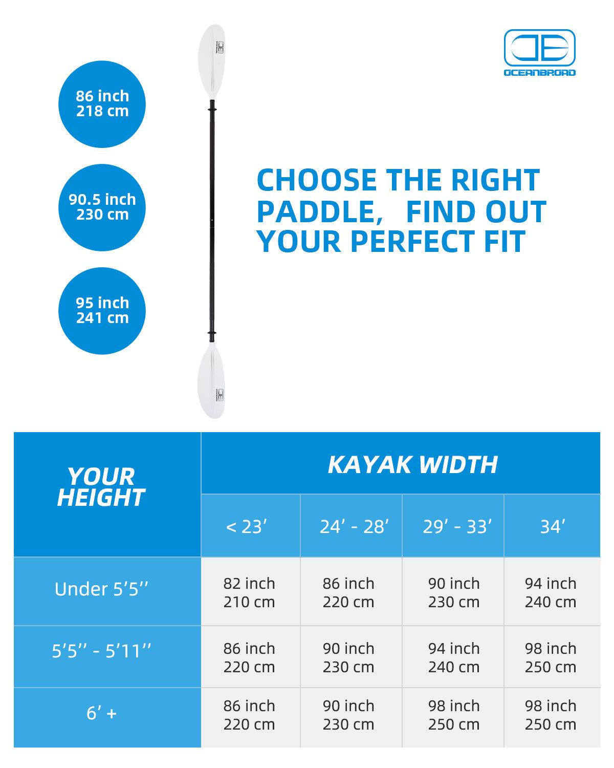 OCEANBROAD Kayak Paddle - 86in / 218cm Aluminum Alloy Shaft, White