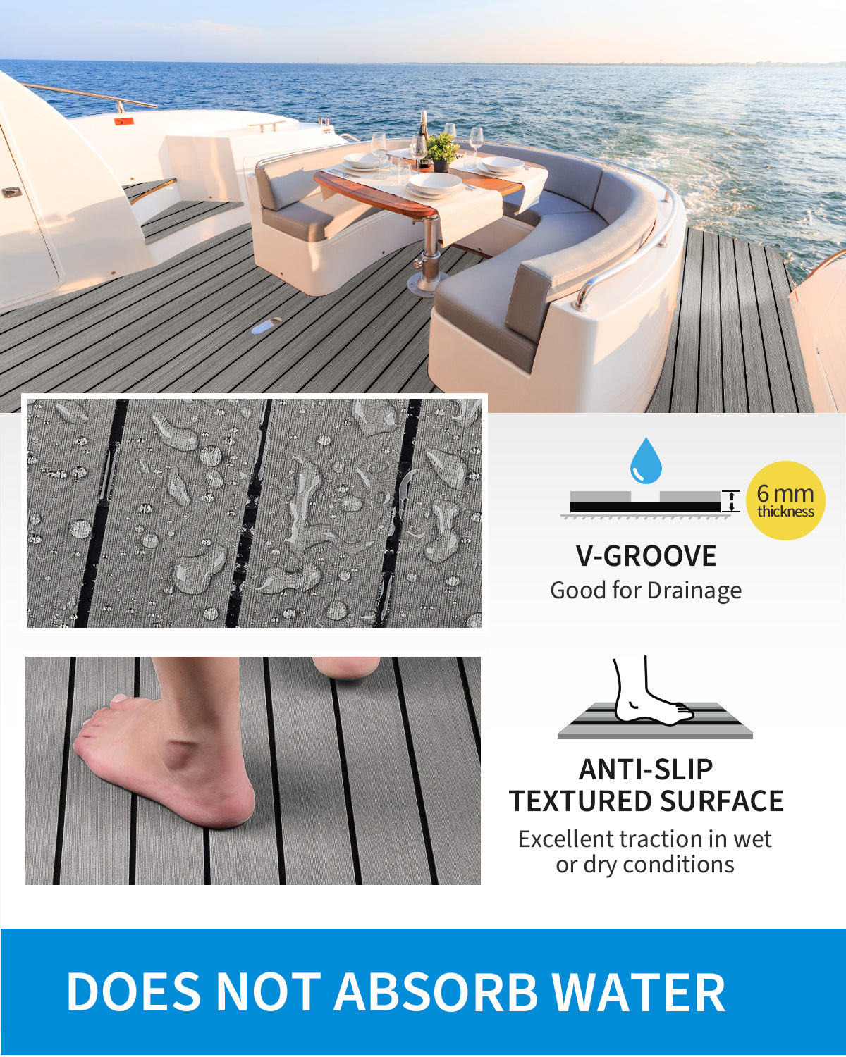 OCEANBROAD Boat Flooring EVA Foam Self-Adhesive 96''x28.8'' Faux Teak Marine Boat Decking Sheet for Jon Boats Yacht Floor