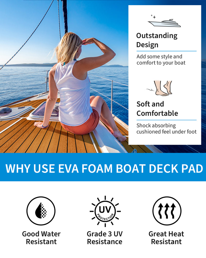 OCEANBROAD Boat Flooring with 3M 99786+ Adhesive Backing EVA Foam Self-Adhesive 92''x45.6'' Faux Teak Marine Decking Sheet for Jon Boats Yacht RV Floor, Brown with Black Seam Lines
