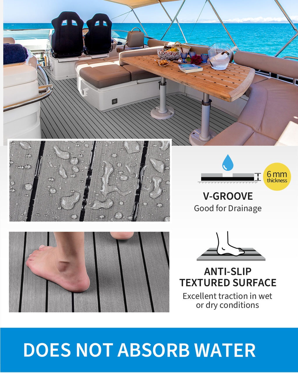 OCEANBROAD Boat Flooring with 3M 99786+ Adhesive Backing EVA Foam Self-Adhesive 92''x45.6'' Faux Teak Marine Decking Sheet for Jon Boats Yacht RV Floor, Gray with Black Seam Lines