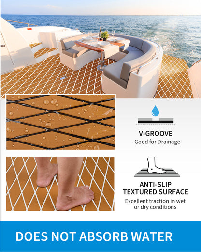 OCEANBROAD Self-Adhesive 96''x25'' Diamond Pattern Boat Flooring EVA Foam Marine Boat Decking Sheet Non-Slip Mat for Jon Motor Boats Yacht Helm Pad RV Floor, Brown with White Seam Lines