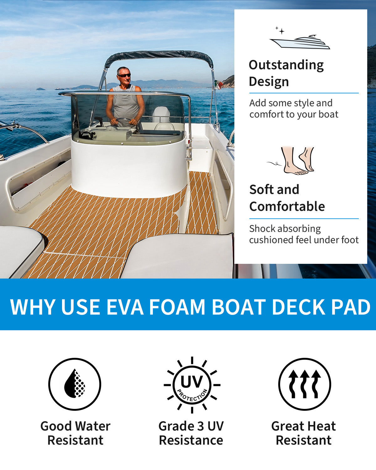 OCEANBROAD Self-Adhesive 96''x25'' Diamond Pattern Boat Flooring EVA Foam Marine Boat Decking Sheet Non-Slip Mat for Jon Motor Boats Yacht Helm Pad RV Floor, Brown with White Seam Lines