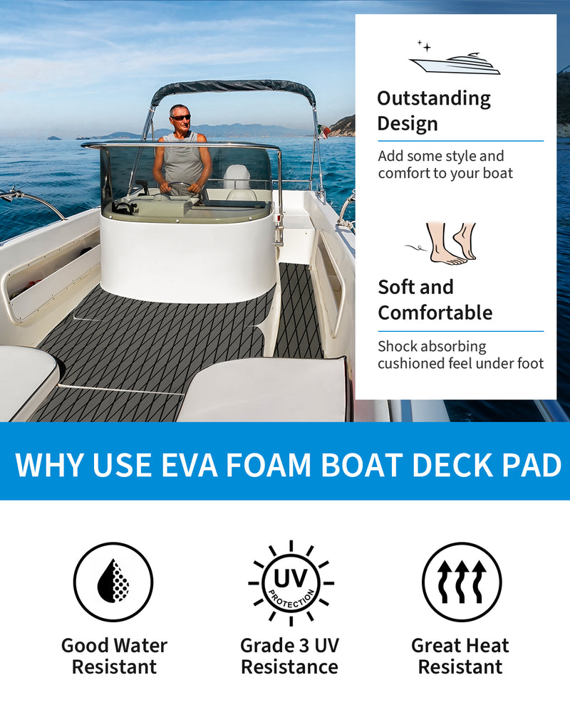 OCEANBROAD Self-Adhesive 96''x25'' Diamond Pattern Boat Flooring EVA Foam Marine Boat Decking Sheet Non-Slip Mat for Jon Motor Boats Yacht Helm Pad RV Floor, Dark Gray with Black Seam Lines