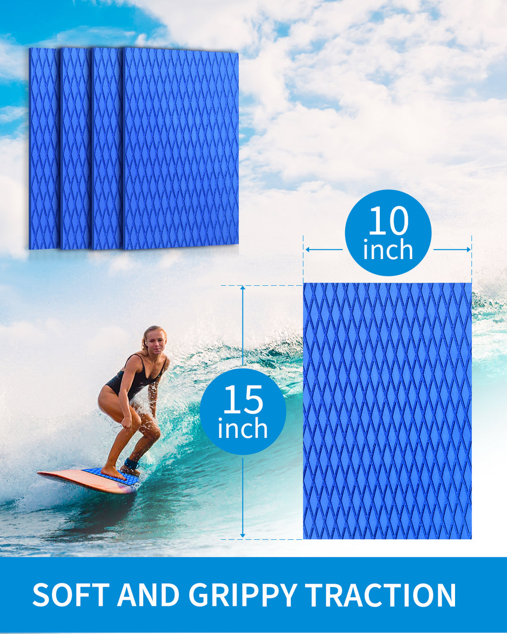 OCEANBROAD 4 Pieces x (15in x 10in) Non-Slip Deck Pad Grip Mat, Self Adhesive Trimmable EVA Traction Anti-Slip Foam Pad Sheet for Boat Kayak Canoe Yacht Pool Step SUP Board, Blue