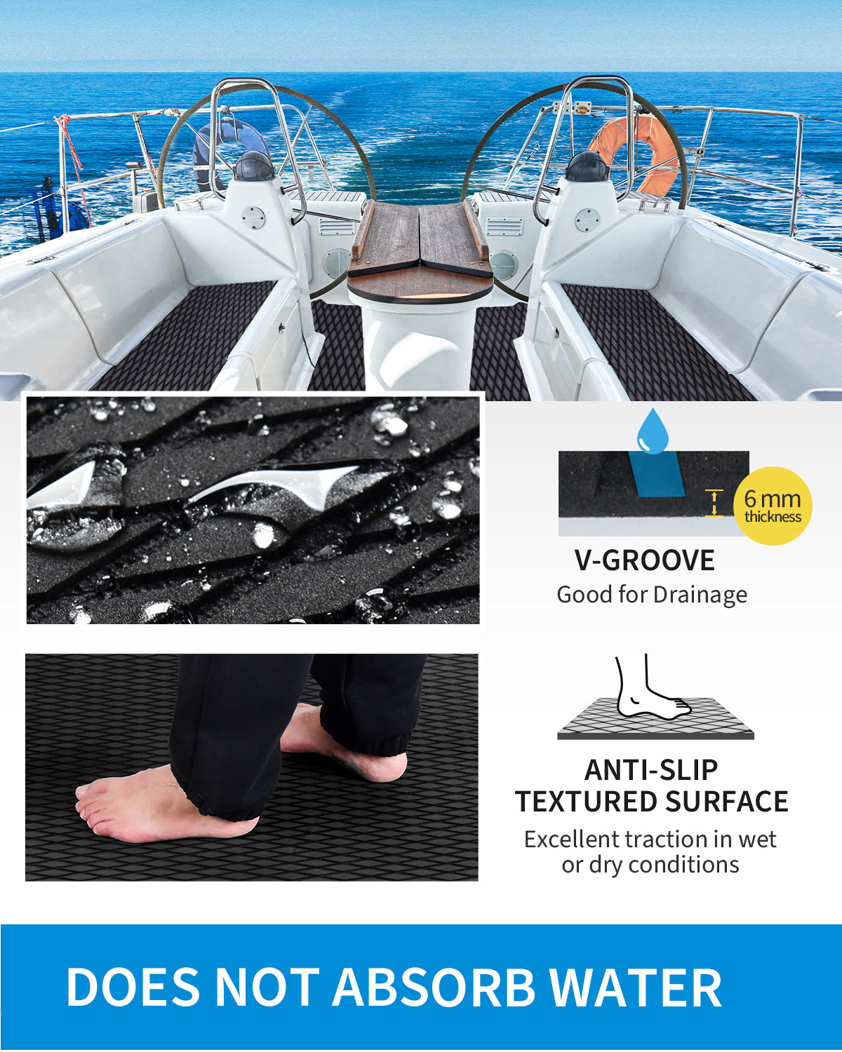 OCEANBROAD Self-Adhesive 48''x16'' Boat Flooring Non-Slip Diamond Pattern Traction Pad EVA Foam Marine Grip Sheet for Boats Surfboard SUP Kayak Yacht, Black