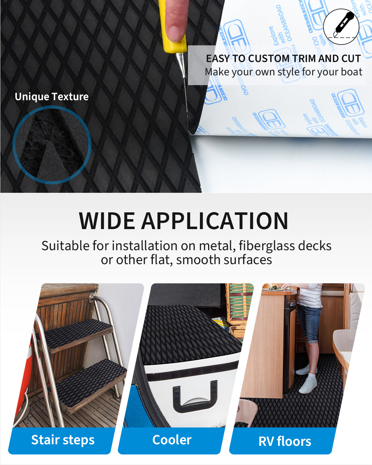 OCEANBROAD Self-Adhesive 48''x16'' Boat Flooring Non-Slip Diamond Pattern Traction Pad EVA Foam Marine Grip Sheet for Boats Surfboard SUP Kayak Yacht, Black