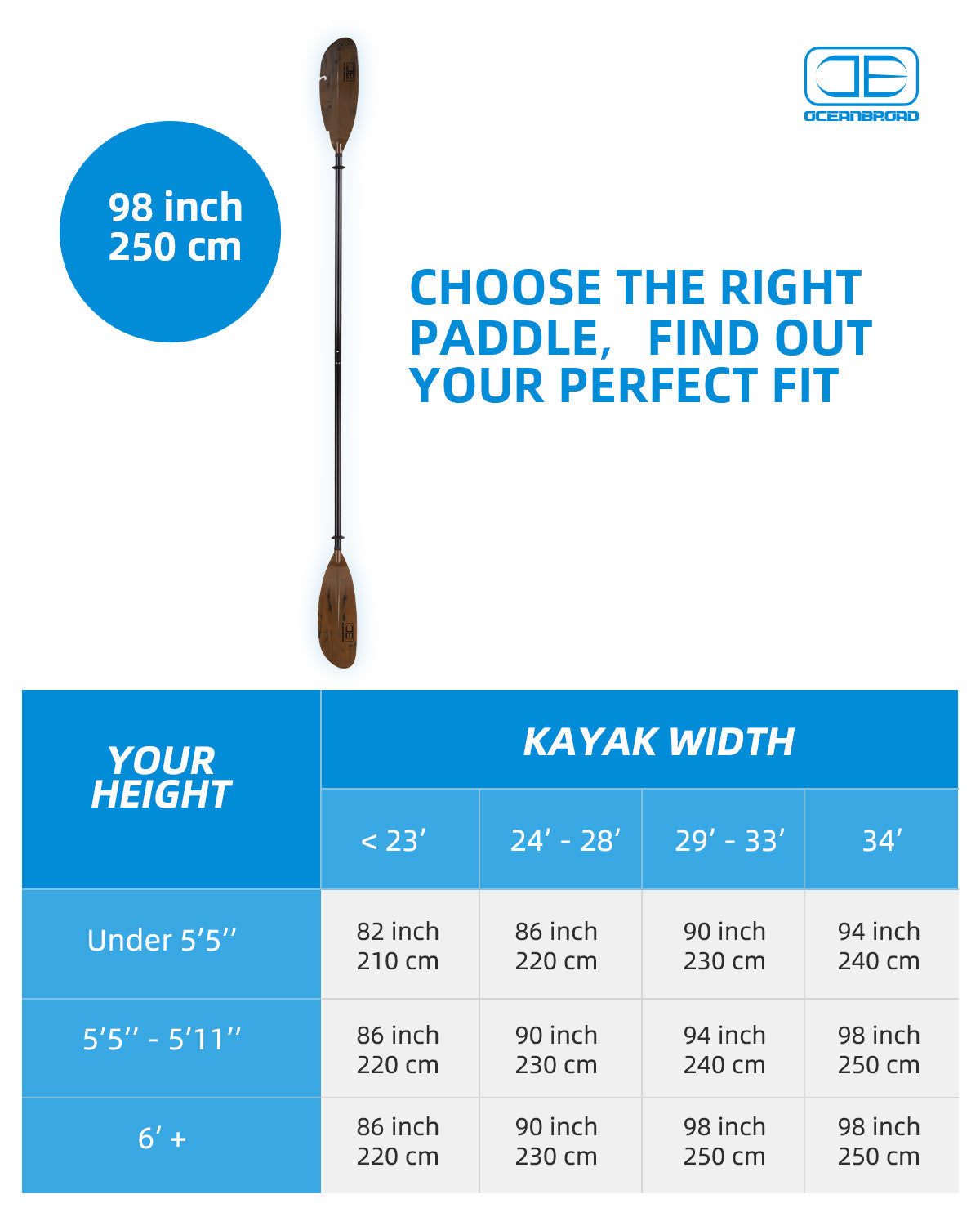 OCEANBROAD Fishing Kayak Paddle -98in / 250cm Aluminum Alloy Shaft, Brown