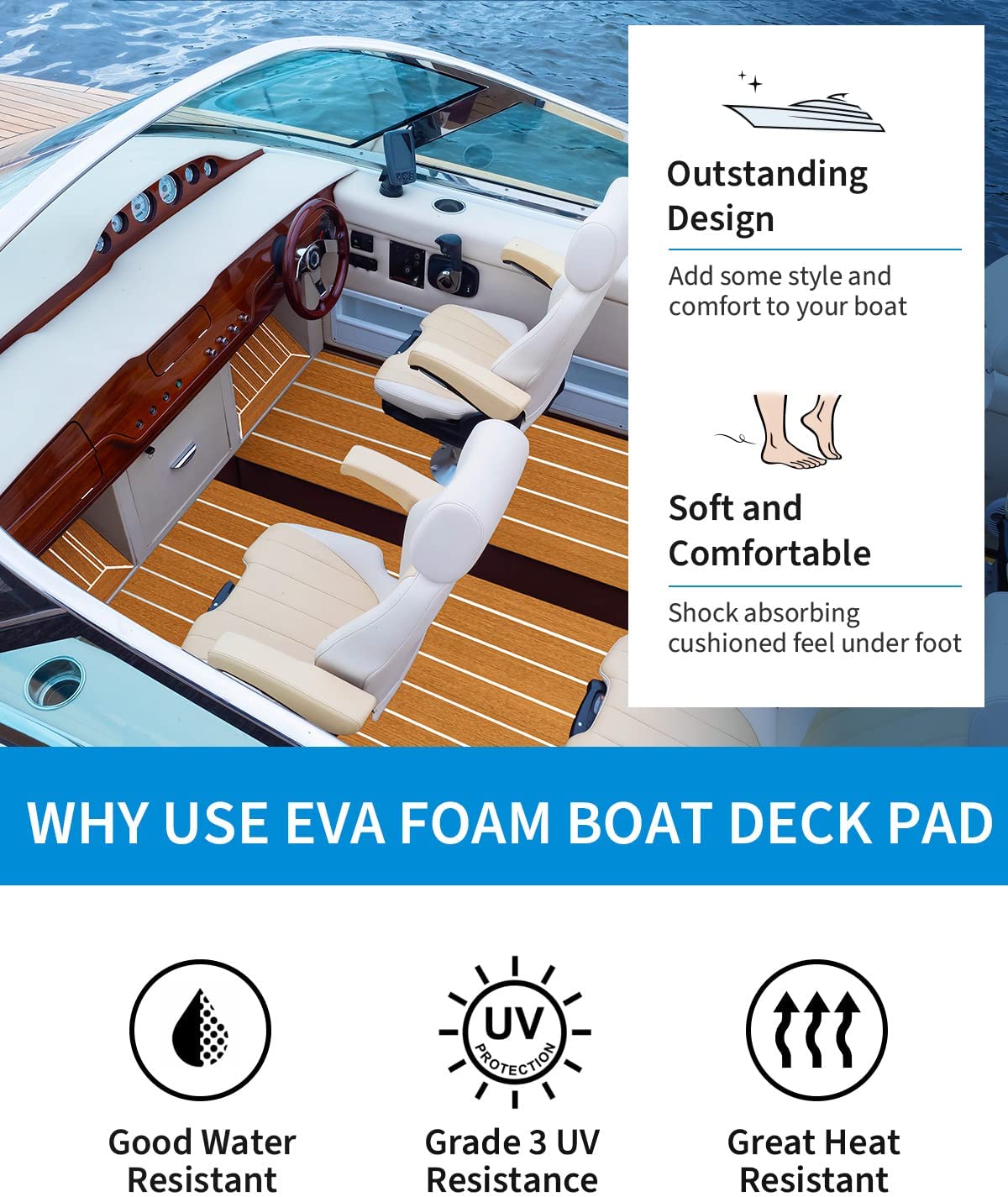 OCEANBROAD 3M Self - Adhesive EVA Foam Boat Flooring 96'' x 2.4'', Brown with White Seam Lines - OceanBroad Official