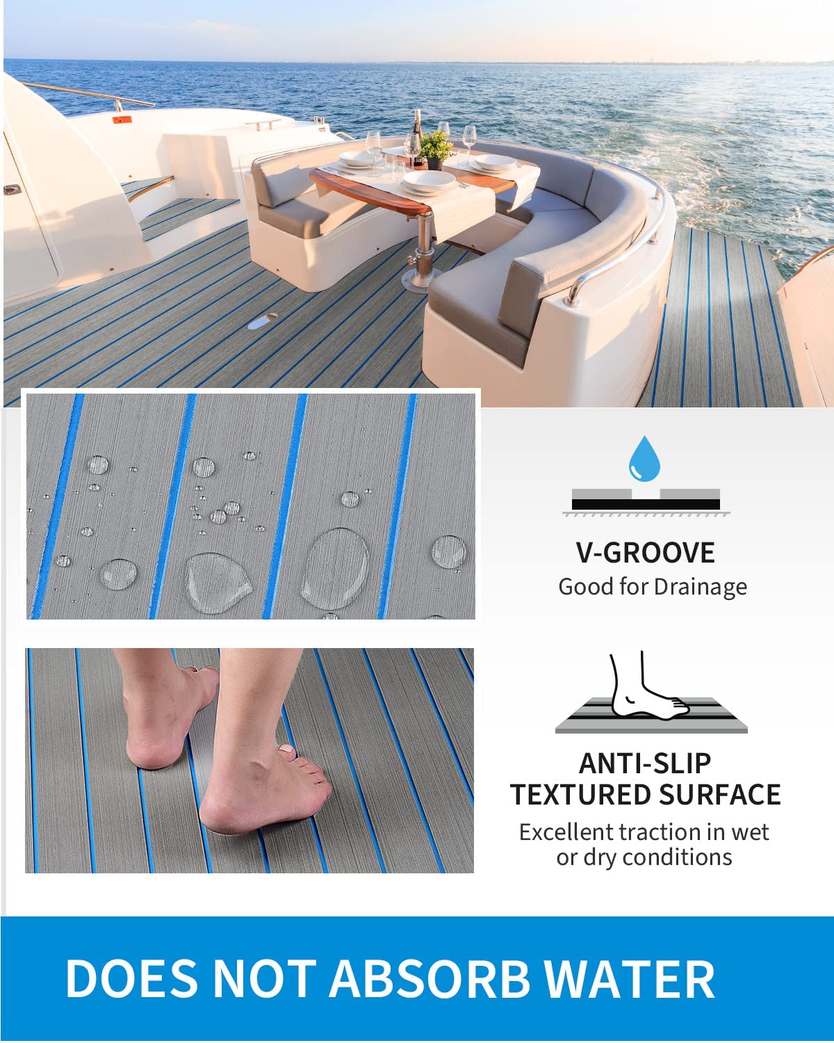 OCEANBROAD 3M Self - Adhesive EVA Foam Boat Flooring 96'' x 2.4'', Gray with Blue Seam Lines - OceanBroad Official