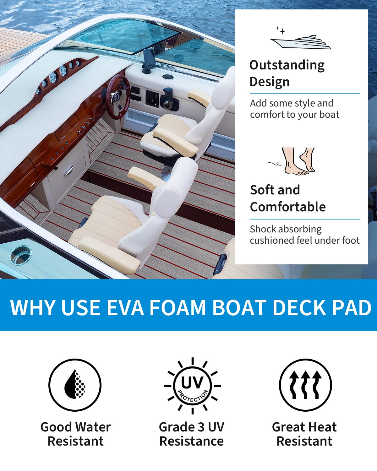 OCEANBROAD 3M Self - Adhesive EVA Foam Boat Flooring, Gray with Red Seam Lines - OceanBroad Official