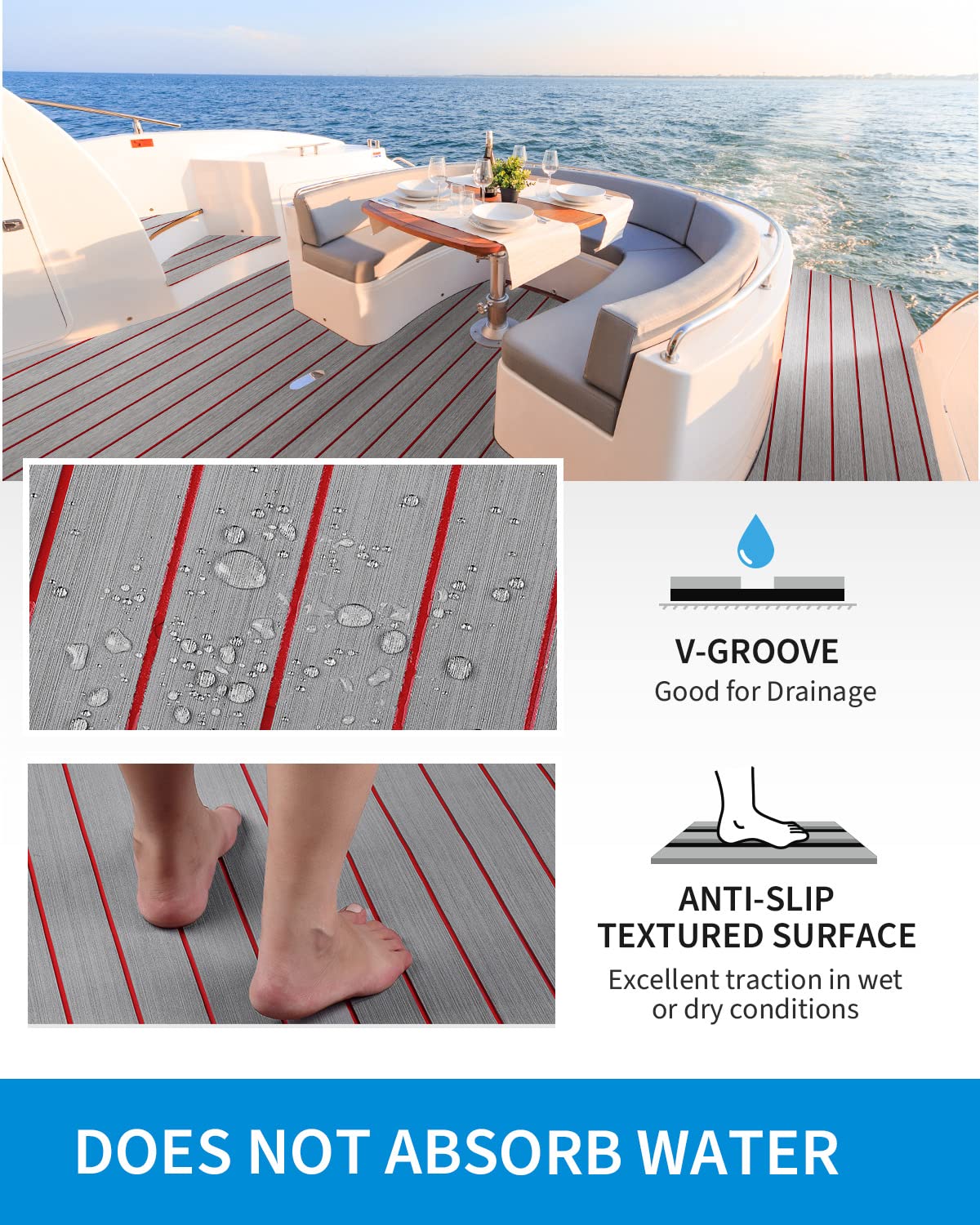 OCEANBROAD 3M Self - Adhesive EVA Foam Boat Flooring, Gray with Red Seam Lines - OceanBroad Official