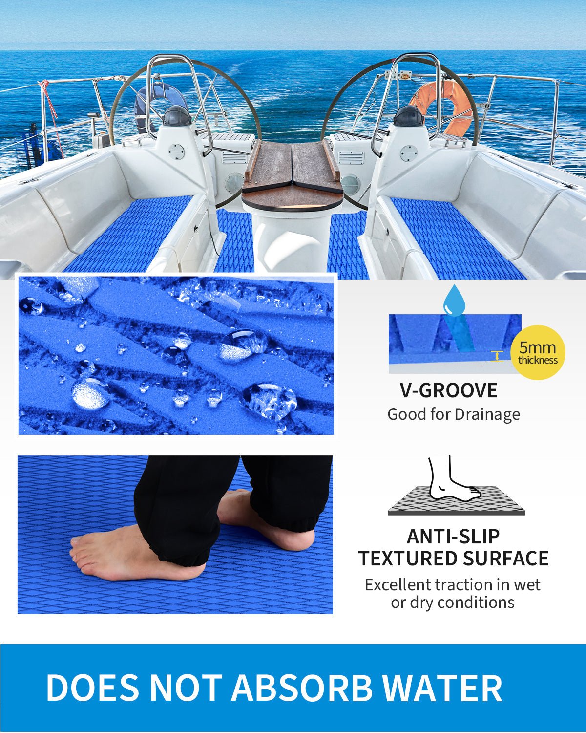 OCEANBROAD 4 Pieces x (15in x 10in) Non - Slip Deck Pad Grip Mat, Self Adhesive Trimmable EVA Traction Anti - Slip Foam Pad Sheet for Boat Kayak Canoe Yacht Pool Step SUP Board, Blue - OceanBroad Official