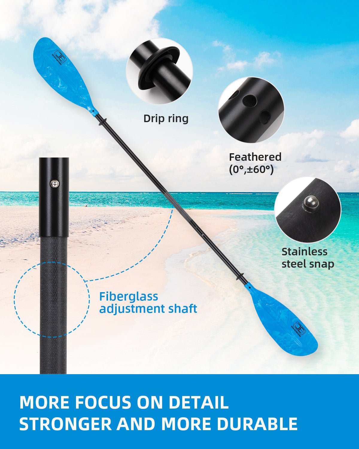 OCEANBROAD Adjustable Kayak Paddle - 86in/220cm to 94in/240cm Aluminum Alloy Shaft, Blue - OceanBroad Official