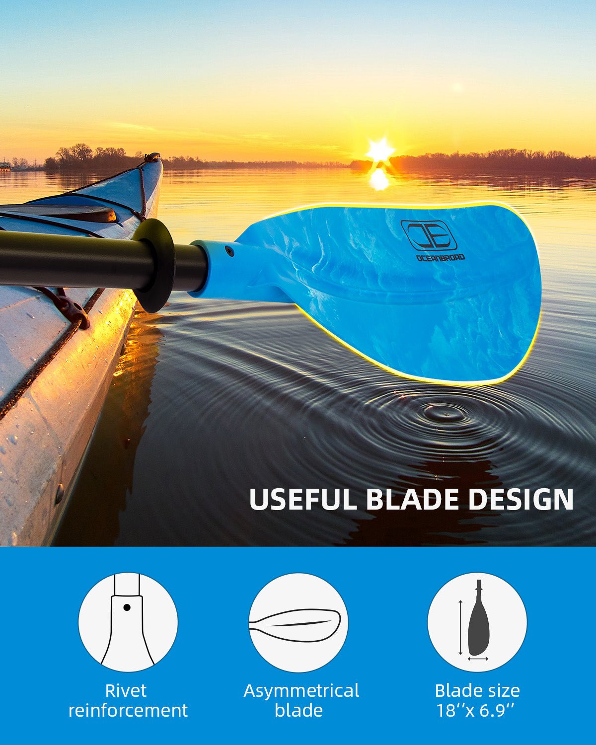 OCEANBROAD Adjustable Kayak Paddle - 86in/220cm to 94in/240cm Aluminum Alloy Shaft, Blue - OceanBroad Official