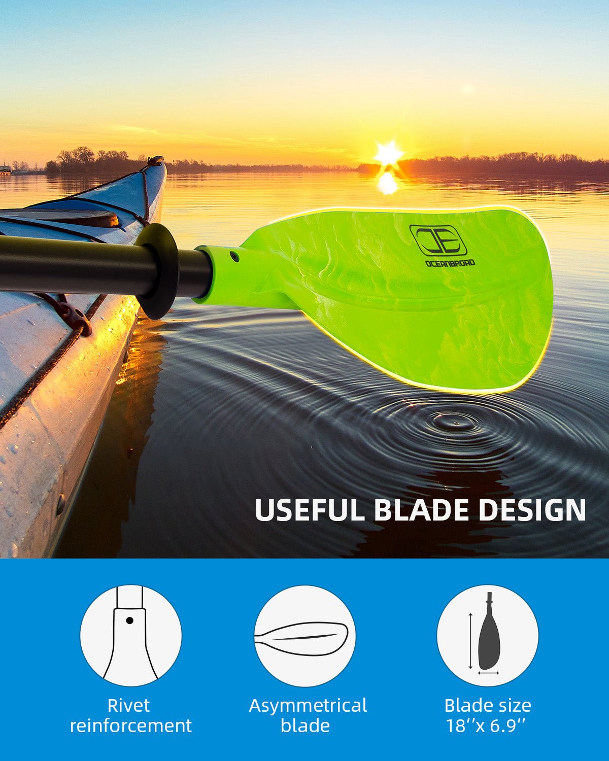 OCEANBROAD Adjustable Kayak Paddle - 86in/220cm to 94in/240cm Aluminum Alloy Shaft, Green - OceanBroad Official