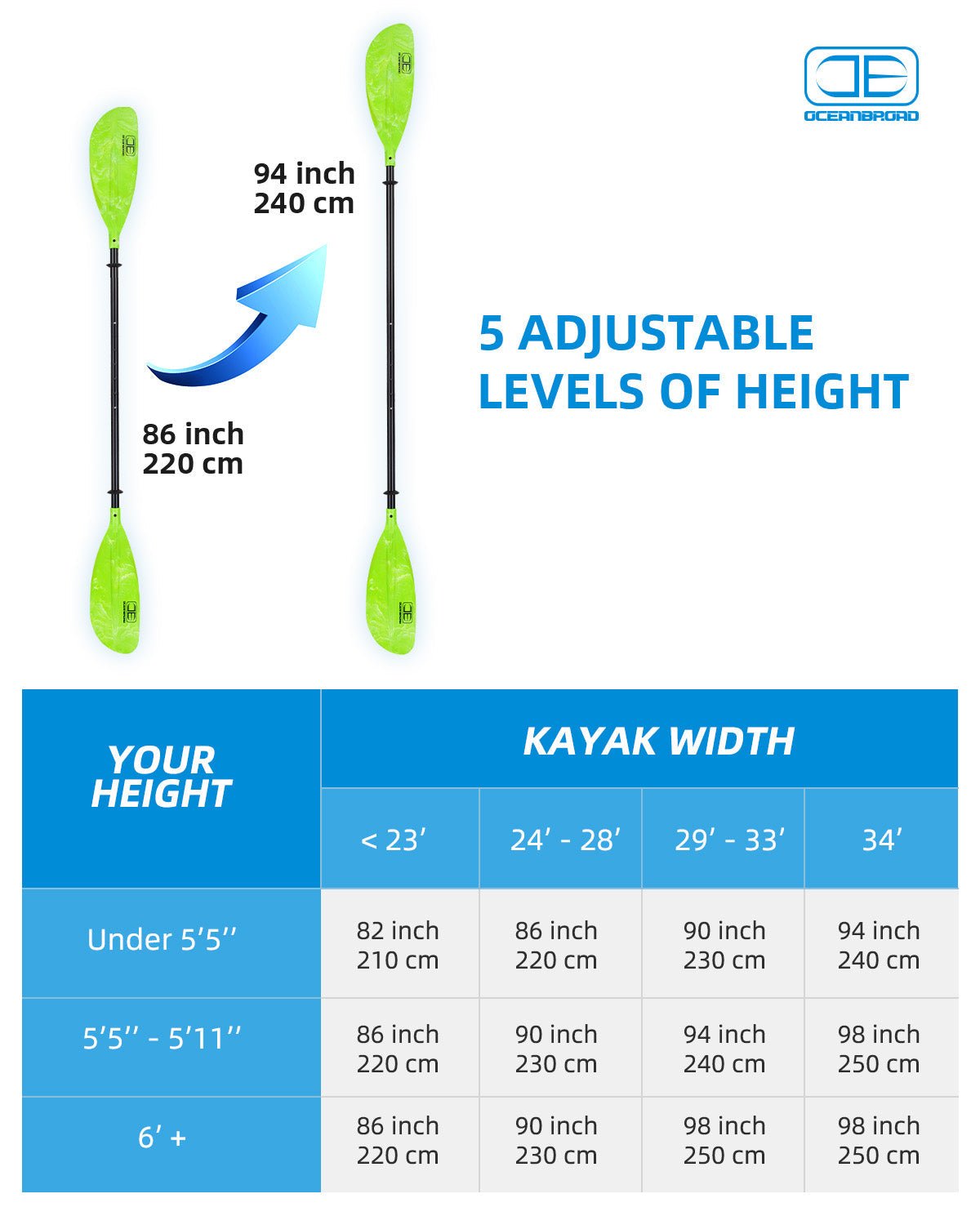 OCEANBROAD Adjustable Kayak Paddle - 86in/220cm to 94in/240cm Aluminum Alloy Shaft, Green - OceanBroad Official