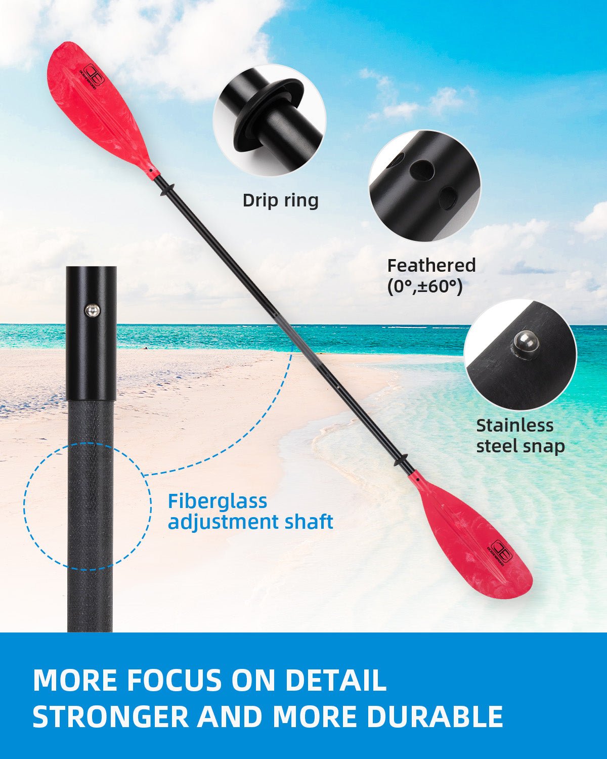 OCEANBROAD Adjustable Kayak Paddle - 86in/220cm to 94in/240cm Aluminum Alloy Shaft, Red - OceanBroad Official