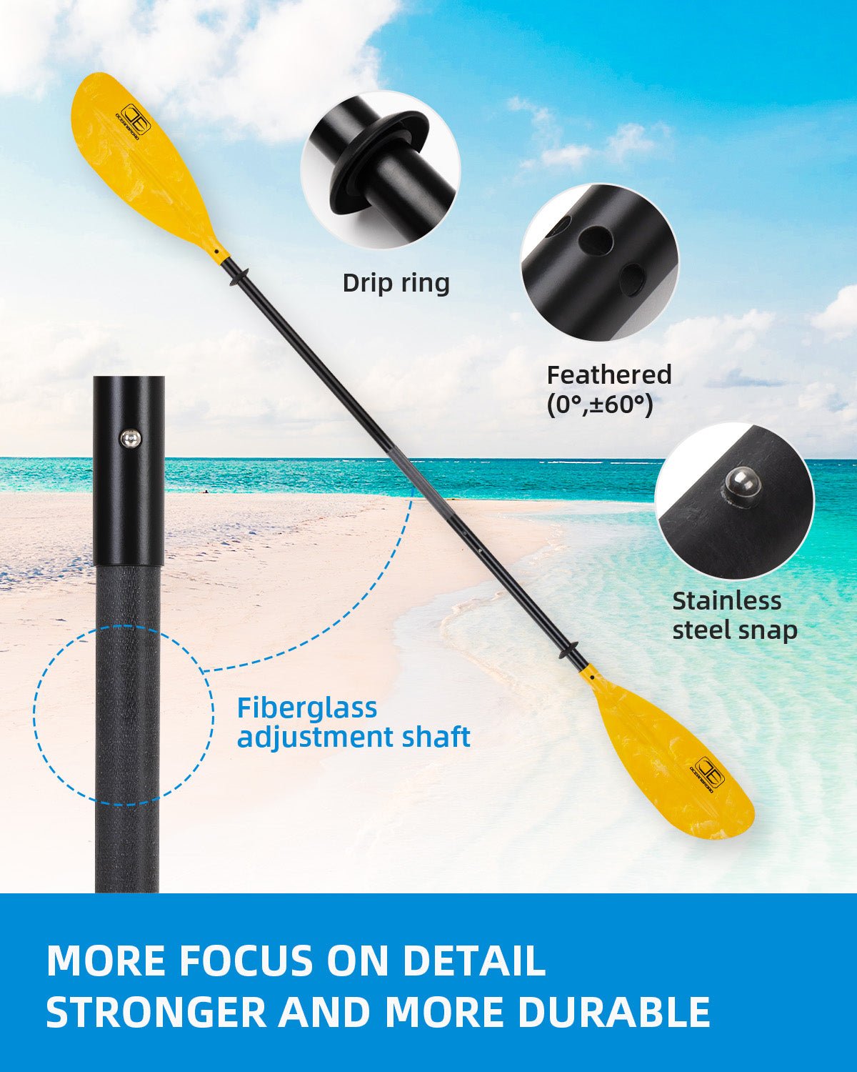 OCEANBROAD Adjustable Kayak Paddle - 86in/220cm to 94in/240cm Aluminum Alloy Shaft, Yellow - OceanBroad Official