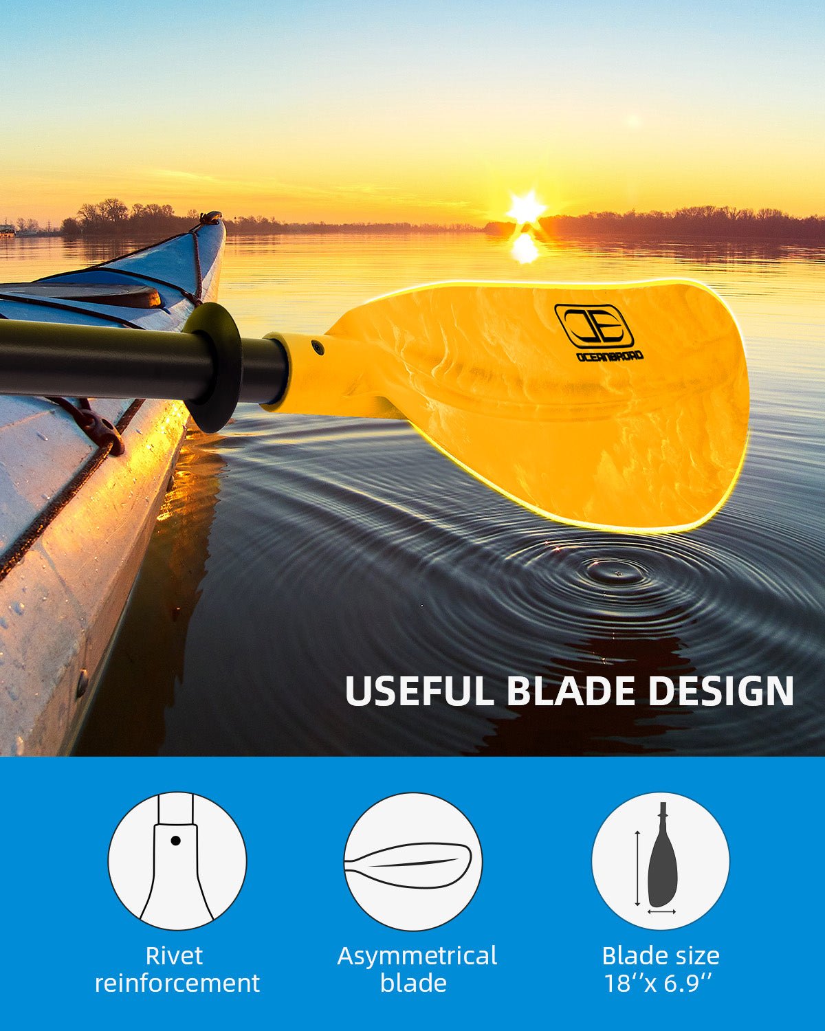 OCEANBROAD Adjustable Kayak Paddle - 86in/220cm to 94in/240cm Aluminum Alloy Shaft, Yellow - OceanBroad Official