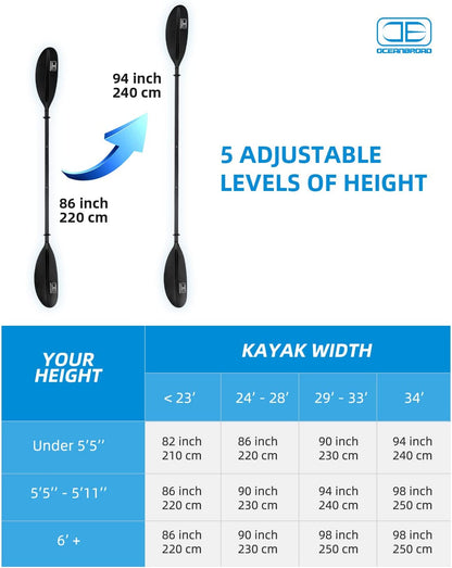 OCEANBROAD Adjustable Kayak Paddle - 86in/220cm to 94in/240cm Carbon Fiber Shaft, Black - OceanBroad Official