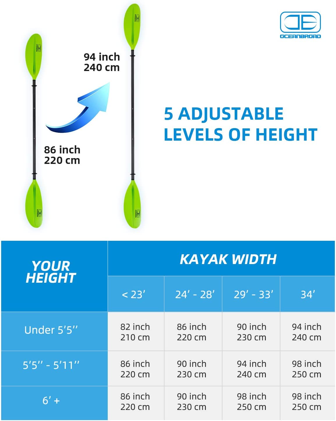 OCEANBROAD Adjustable Kayak Paddle - 86in/220cm to 94in/240cm Carbon Fiber Shaft, Green - OceanBroad Official