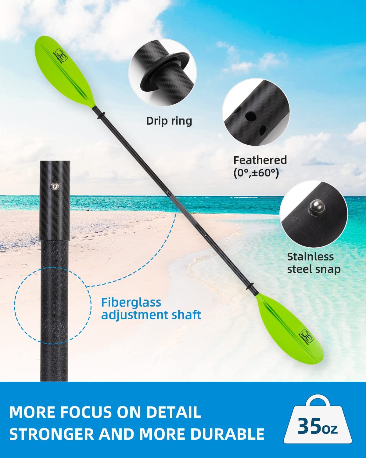 OCEANBROAD Adjustable Kayak Paddle - 86in/220cm to 94in/240cm Carbon Fiber Shaft, Green - OceanBroad Official