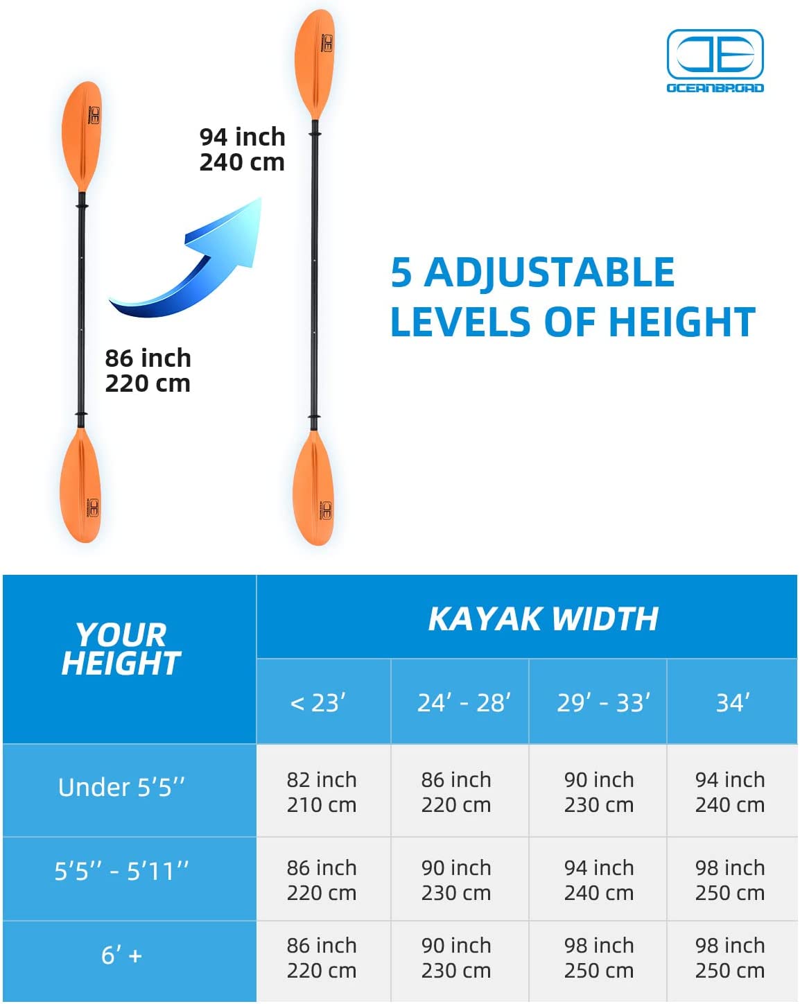 OCEANBROAD Adjustable Kayak Paddle - 86in/220cm to 94in/240cm Carbon Fiber Shaft, Orange - OceanBroad Official