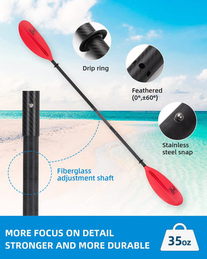 OCEANBROAD Adjustable Kayak Paddle - 86in/220cm to 94in/240cm Carbon Fiber Shaft, Red - OceanBroad Official