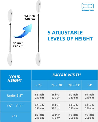 OCEANBROAD Adjustable Kayak Paddle - 86in/220cm to 94in/240cm Carbon Fiber Shaft, White - OceanBroad Official