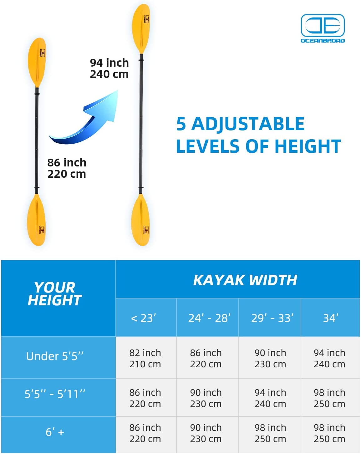 OCEANBROAD Adjustable Kayak Paddle - 86in/220cm to 94in/240cm Carbon Fiber Shaft, Yellow - OceanBroad Official