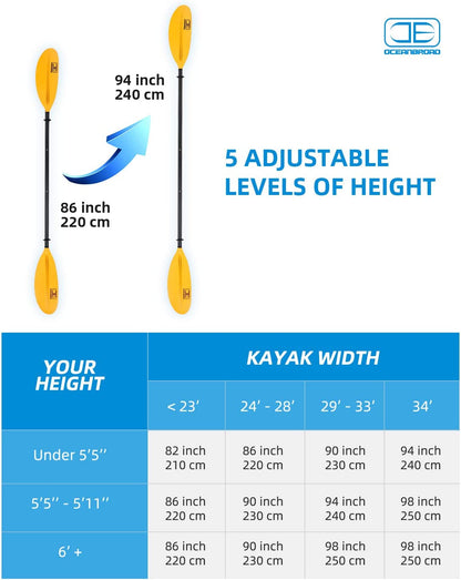 OCEANBROAD Adjustable Kayak Paddle - 86in/220cm to 94in/240cm Carbon Fiber Shaft, Yellow - OceanBroad Official