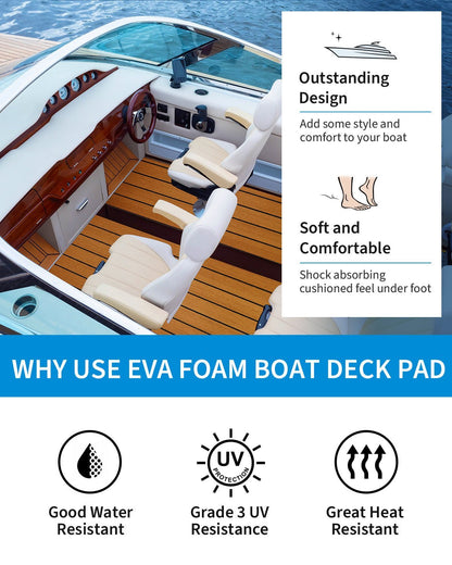 OCEANBROAD Boat Flooring EVA Foam Self - Adhesive 96''x24'' Faux Teak Marine Boat Decking Sheet for Boats Pontoon Jon Boat Yacht Floor, Brown with Black Seam Lines - OceanBroad Official