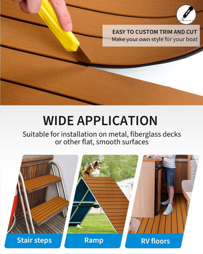 OCEANBROAD Boat Flooring EVA Foam Self - Adhesive 96''x24'' Faux Teak Marine Boat Decking Sheet for Boats Pontoon Jon Boat Yacht Floor, Brown with Black Seam Lines - OceanBroad Official