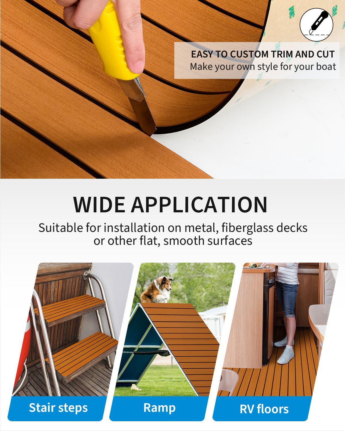 OCEANBROAD Boat Flooring with 3M 99786+ Adhesive Backing EVA Foam Self - Adhesive 92''x45.6'' Faux Teak Marine Decking Sheet for Jon Boats Yacht RV Floor, Brown with Black Seam Lines - OceanBroad Official