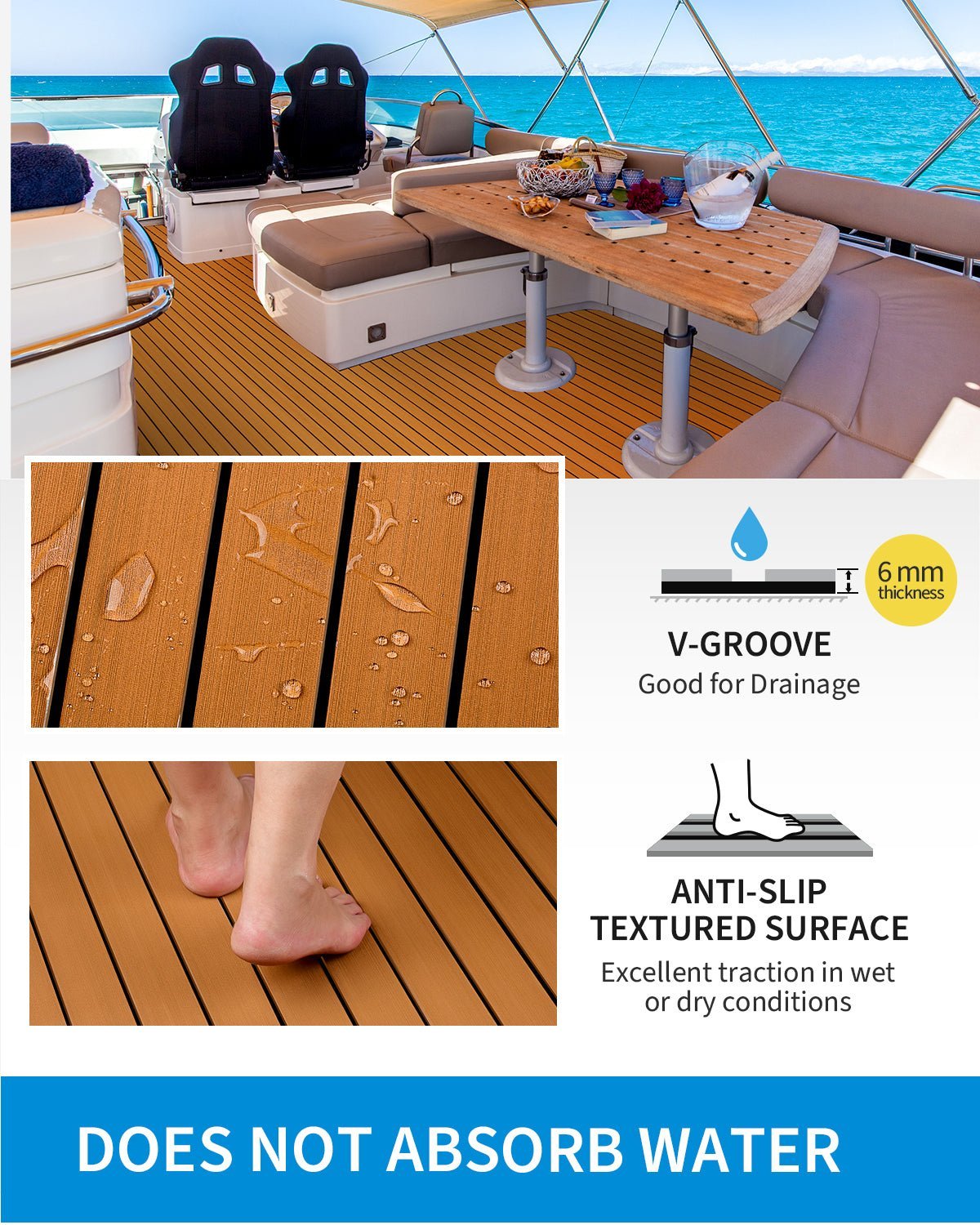 OCEANBROAD Boat Flooring with 3M 99786+ Adhesive Backing EVA Foam Self - Adhesive 92''x45.6'' Faux Teak Marine Decking Sheet for Jon Boats Yacht RV Floor, Brown with Black Seam Lines - OceanBroad Official