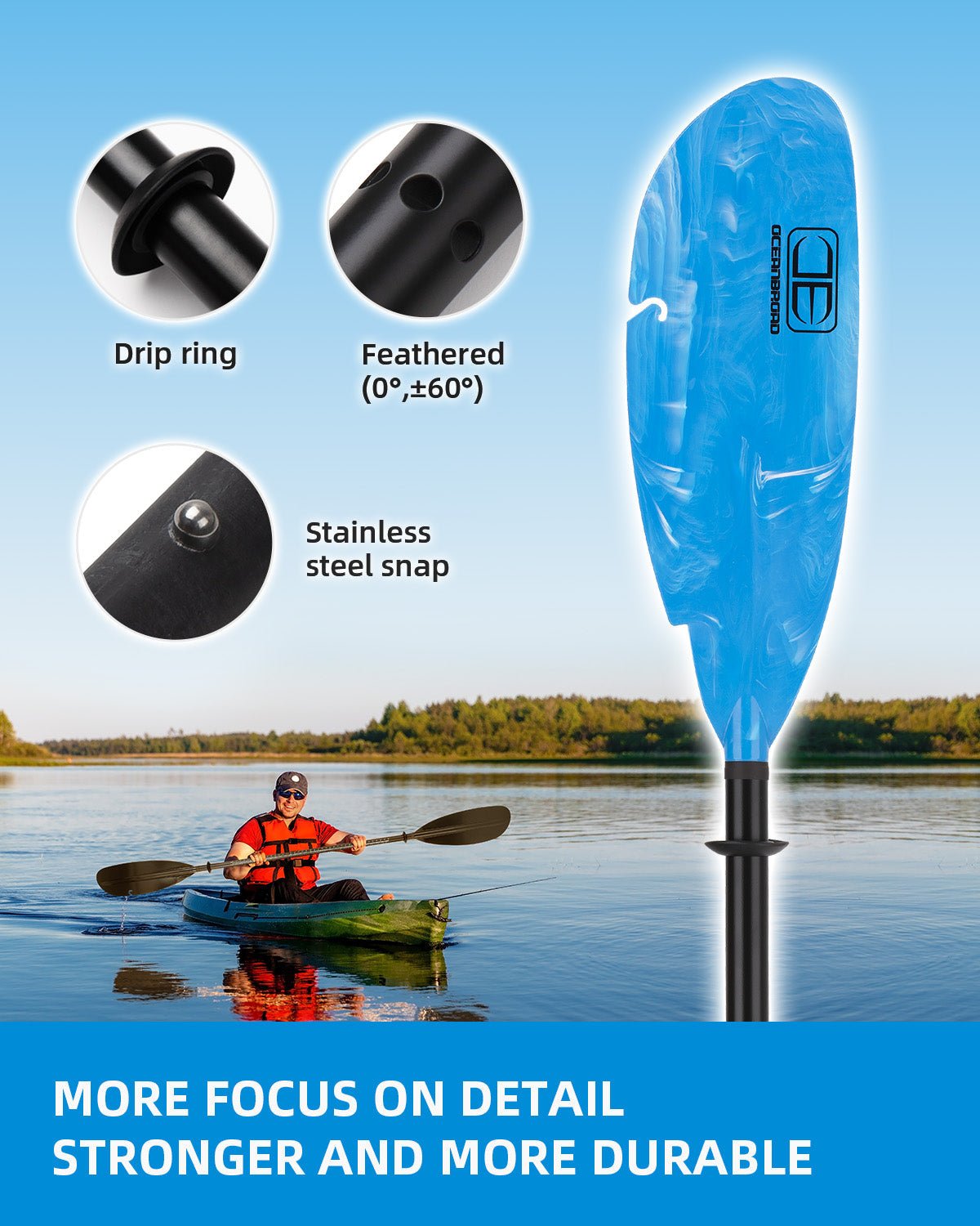 OCEANBROAD Fishing Kayak Paddle - 98in / 250cm Aluminum Alloy Shaft, Blue - OceanBroad Official