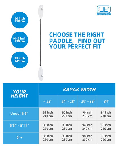 OCEANBROAD Kayak Paddle - 86in / 218cm Aluminum Alloy Shaft, White - OceanBroad Official