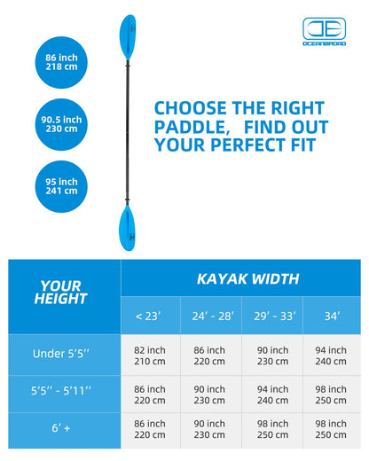 OCEANBROAD Kayak Paddle - 86in / 218cm Aluminum Shaft, Blue - OceanBroad Official