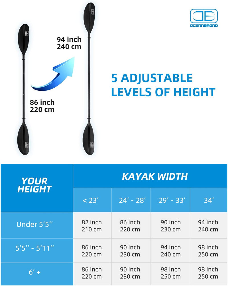 OCEANBROAD Adjustable Kayak Paddle - 86in/220cm to 94in/240cm Carbon Fiber Shaft, Black